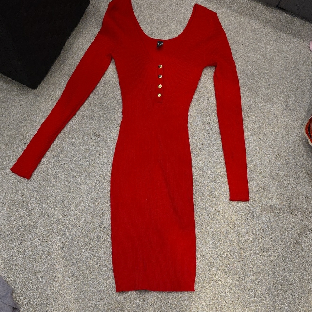 Windsor Red Long Sleeve Dress with Button Accents